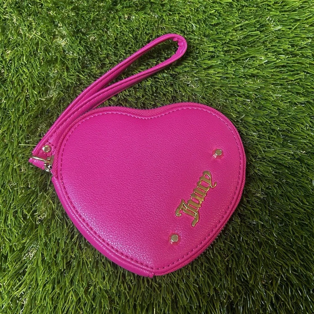 Juicy Couture Hot Pink Heart Shaped Wristlet‎ Pouch Gold Logo Zip Coin Purse